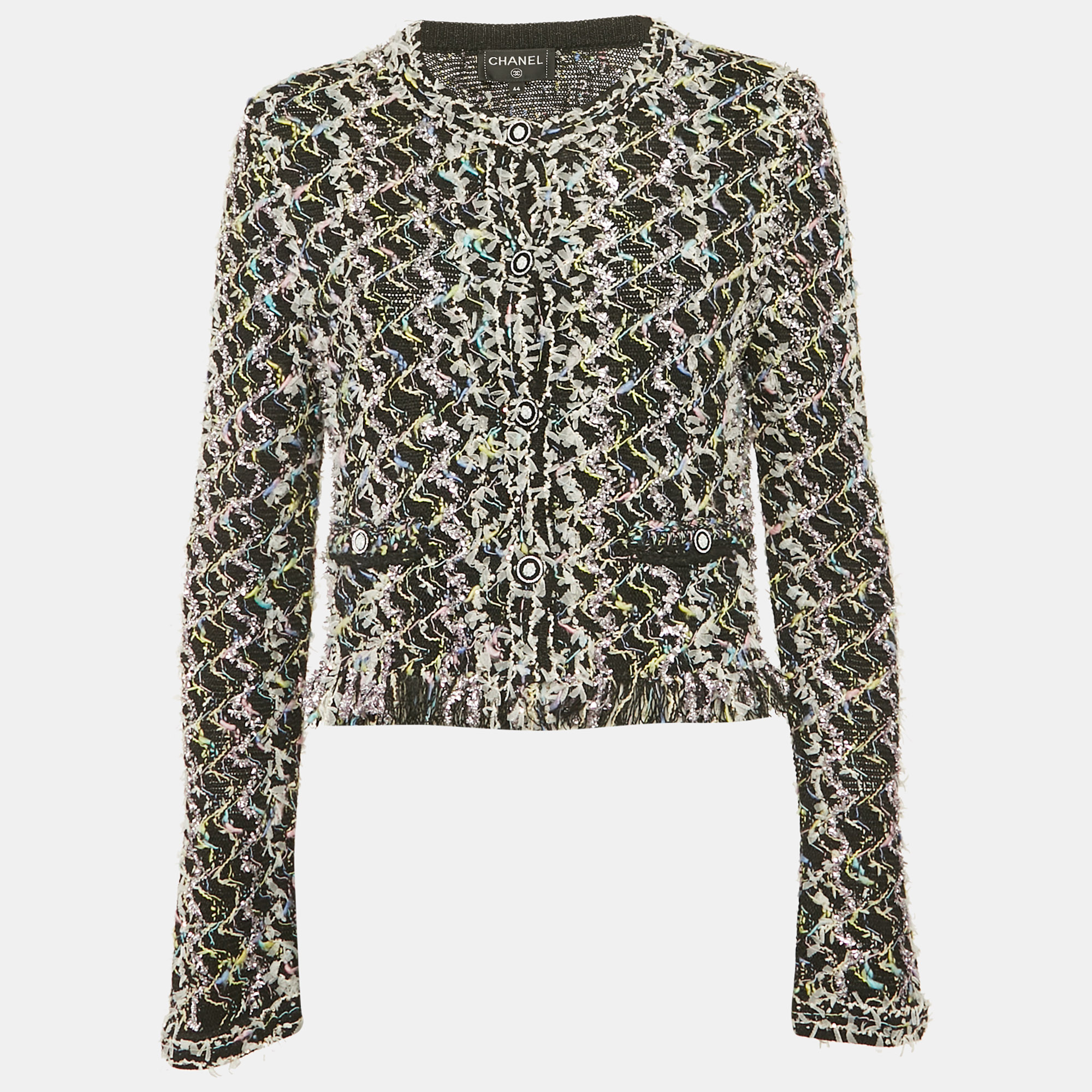 

Chanel Black Embellished Knit Raw Hem Cardigan L