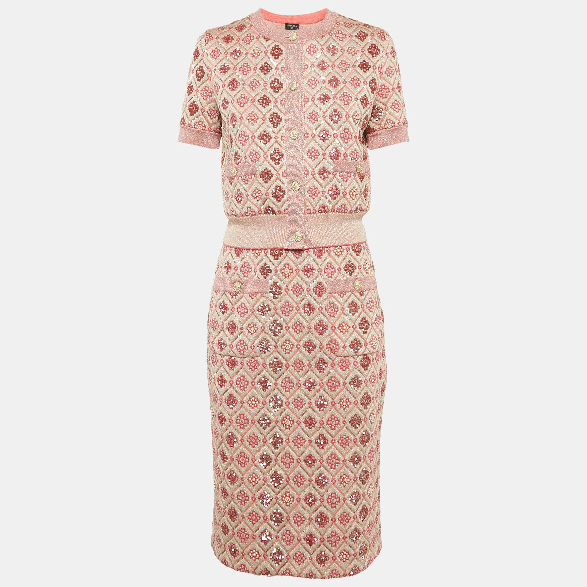

Chanel Pink Sequin Embellished Lurex Knit Skirt Set M
