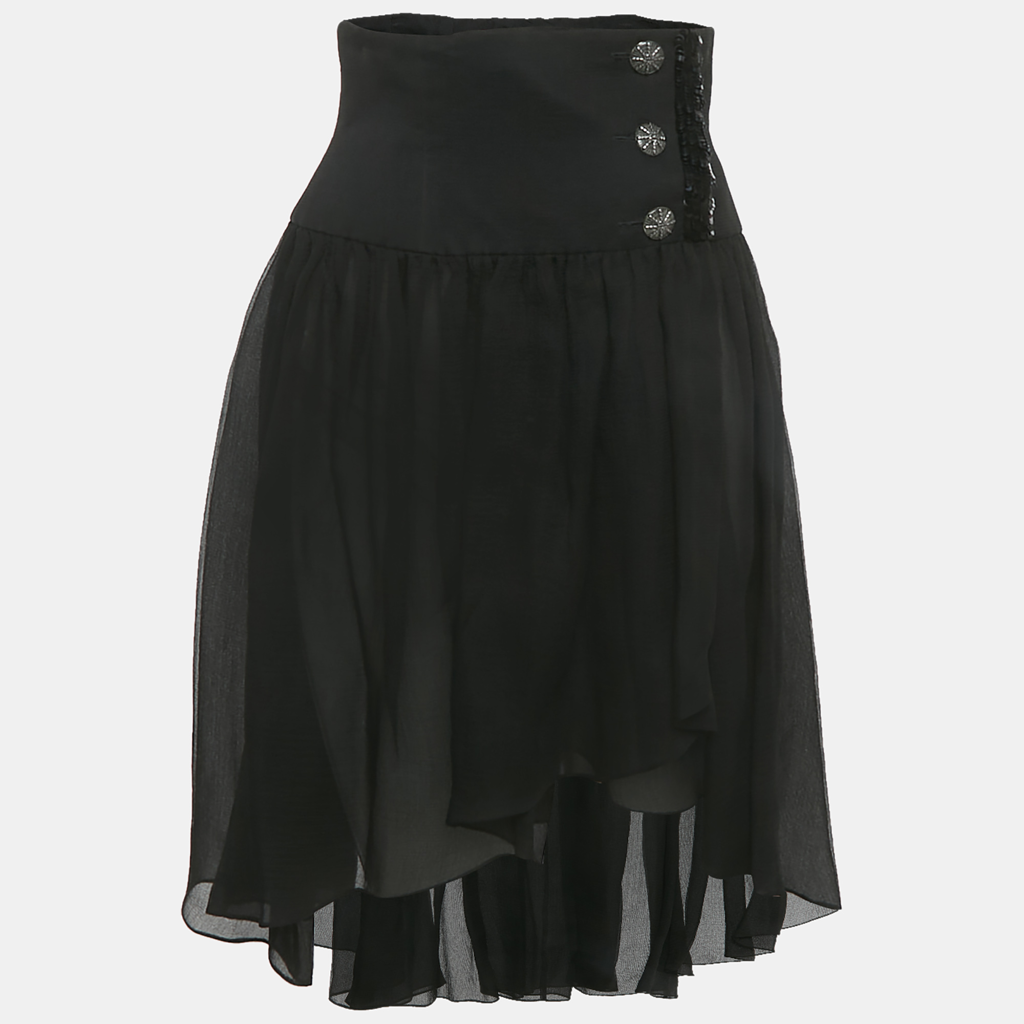 

Chanel Black Crinkle Silk Asymmetric Short Skirt M