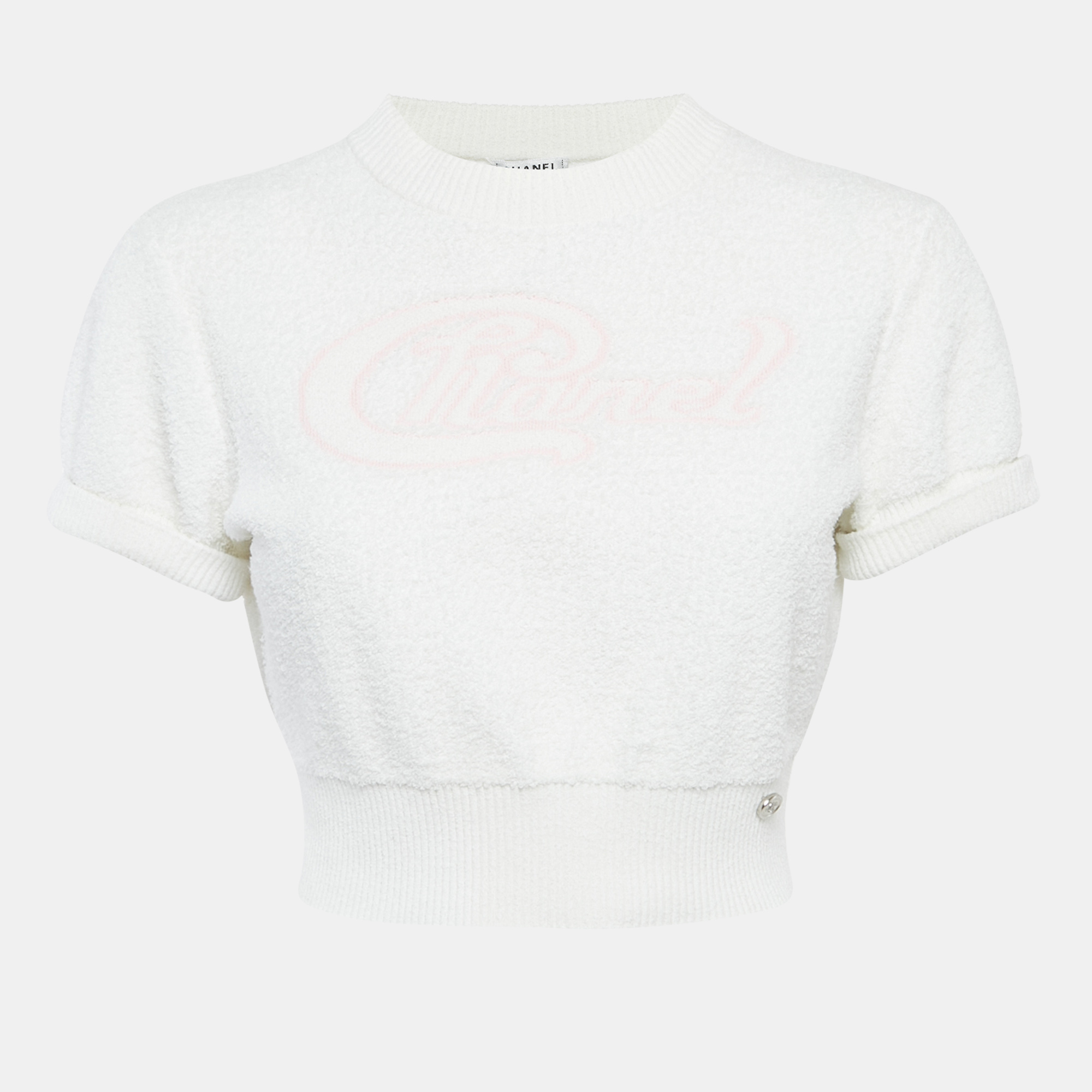 

Chanel White Logo Intarsia Terry Crop Top M