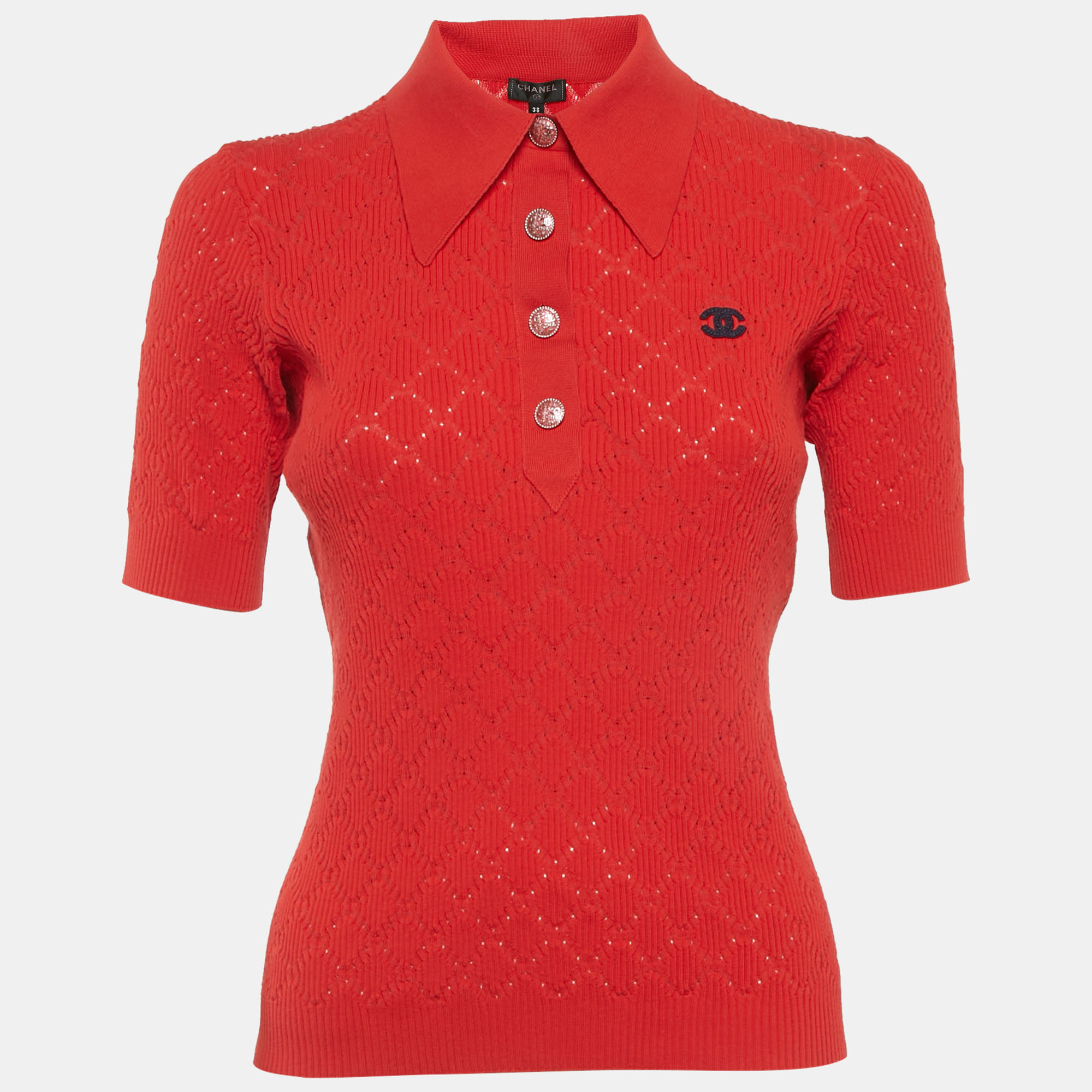 

Chanel Red Pointelle Knit CC Detail Polo T-Shirt M