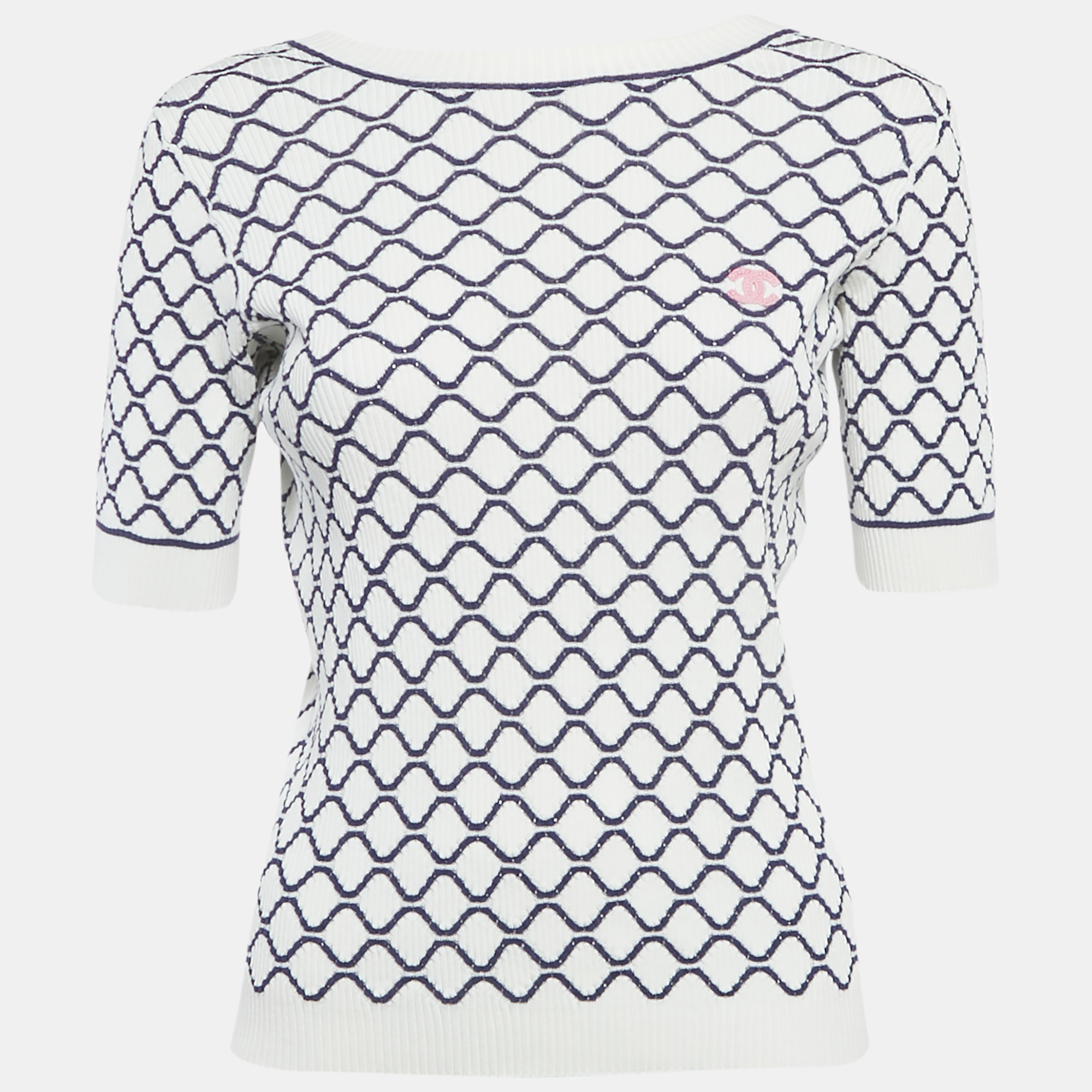 

ChaneL White/Blue Patterned Rib Knit CC Detail Top M