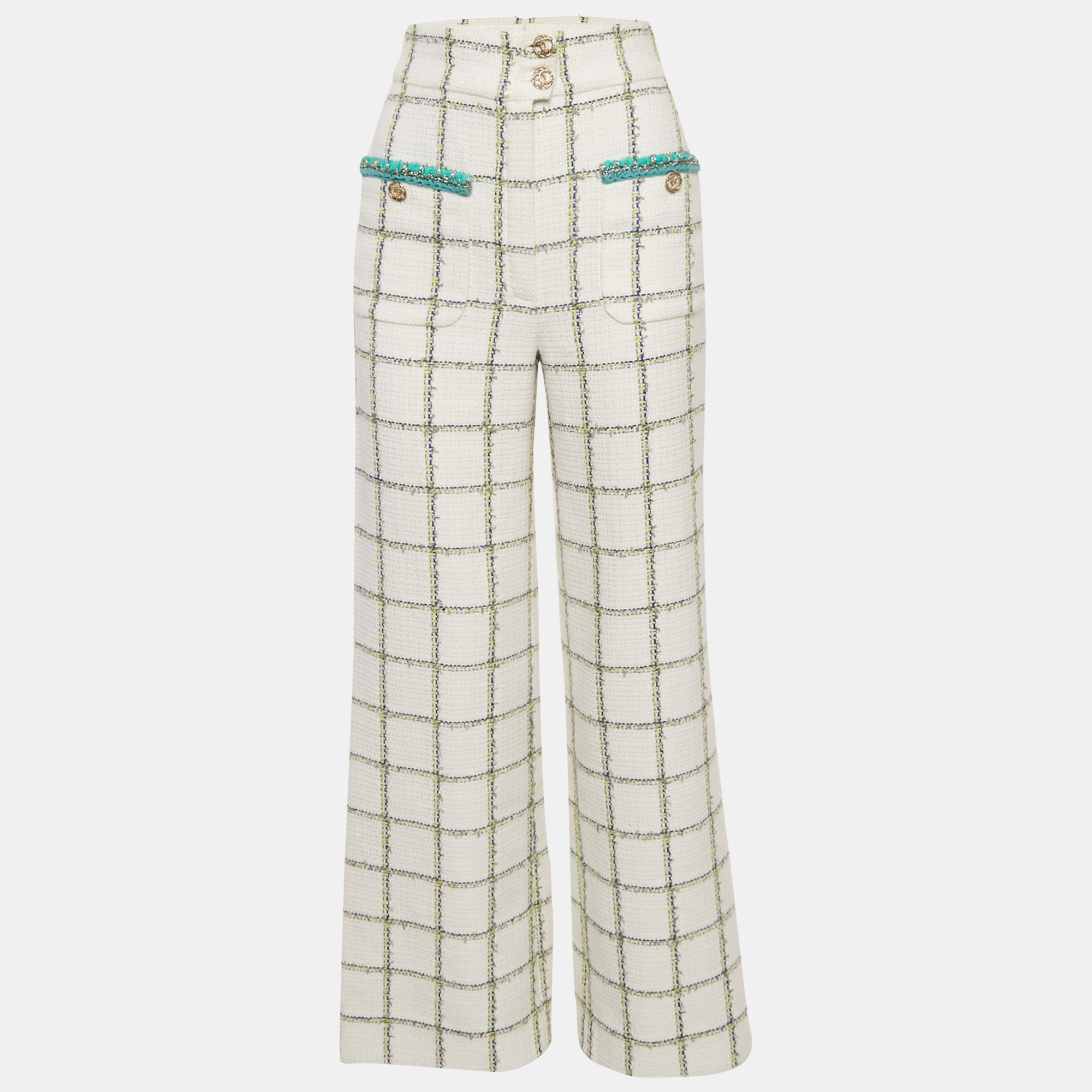 

Chanel White Checkered Tweed Trousers M
