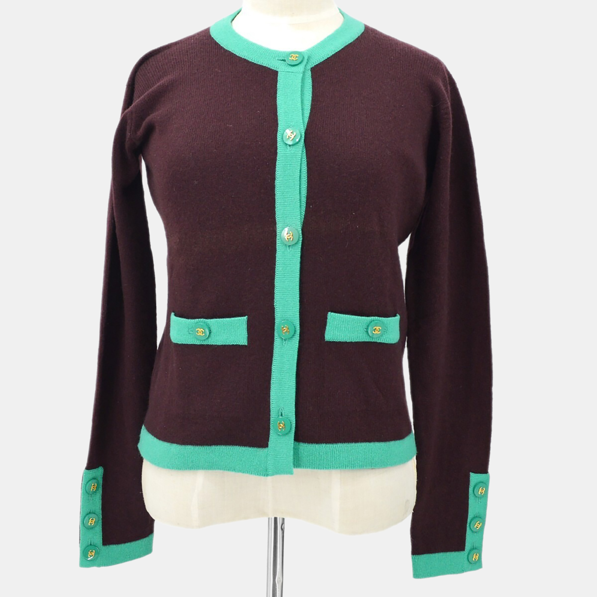 

Chanel 95A #40 Ensemble Cardigan Top Brown Green Cashmere