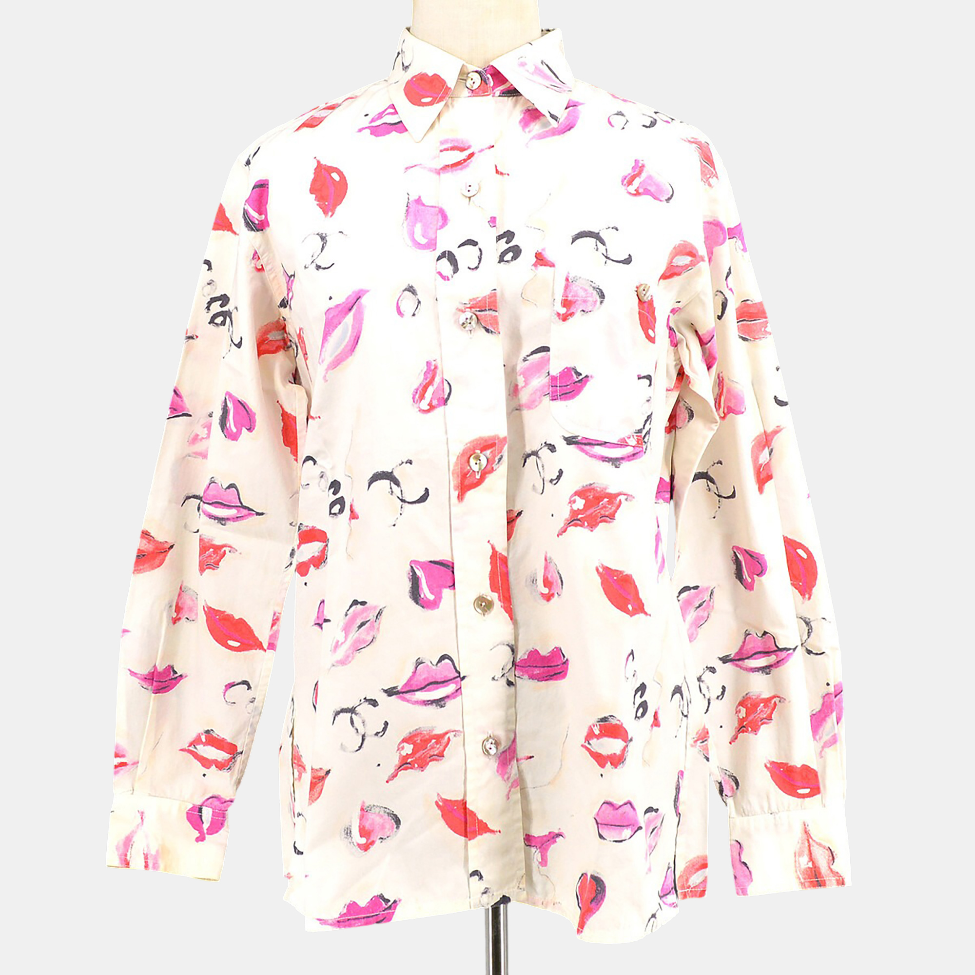 

Chanel Lips Pattern Front Opening Long Sleeve Top Shirt White Cotton Size, Pink