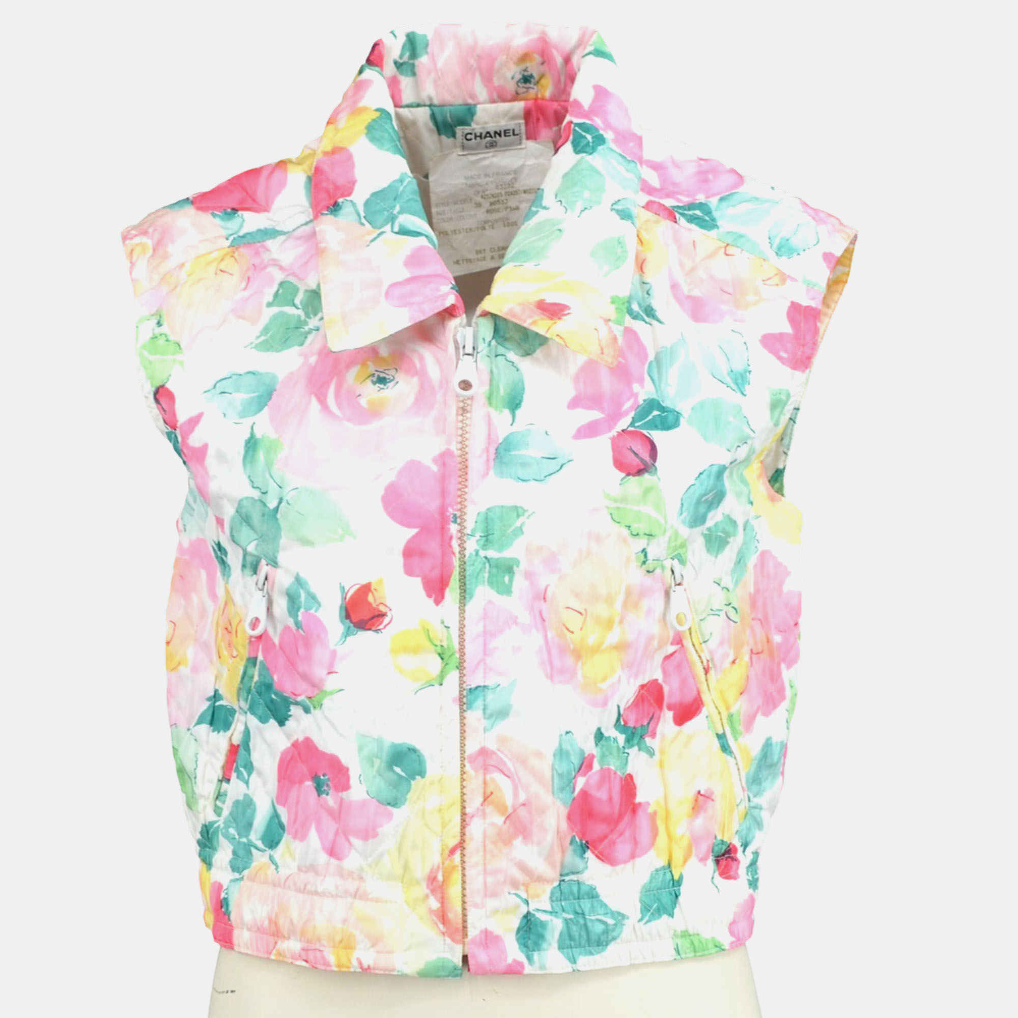 

Chanel 03272 #38 Flower Pattern Sleeveless Zip Up Shirt Top White Pink