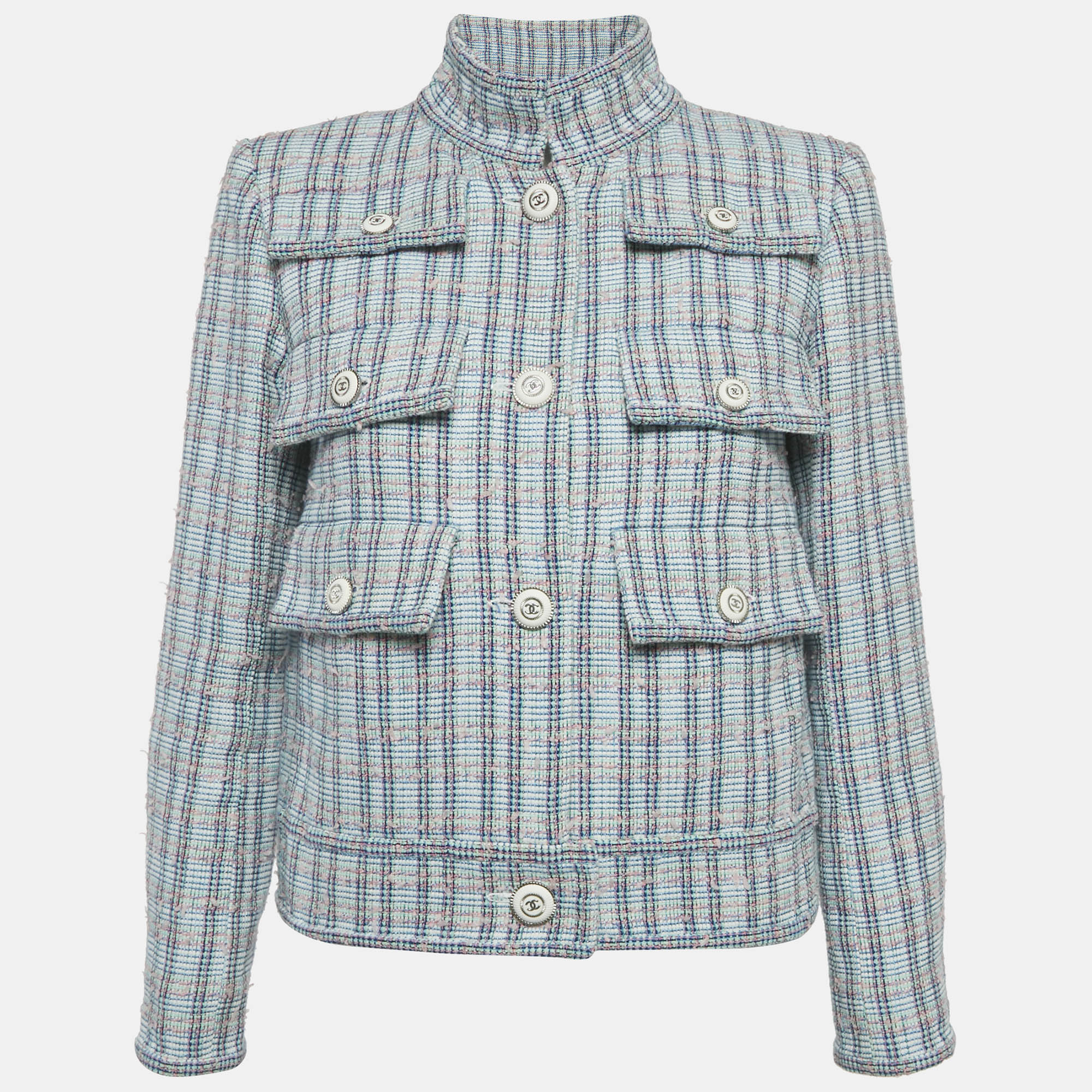 

Chanel Blue Tweed Button Detail Jacket M, Multicolor
