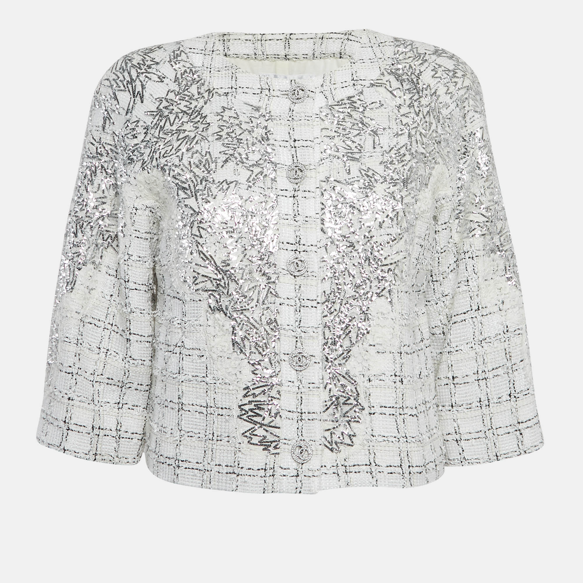 

Chanel White Metallic Tweed Button Detail Jacket S, Multicolor