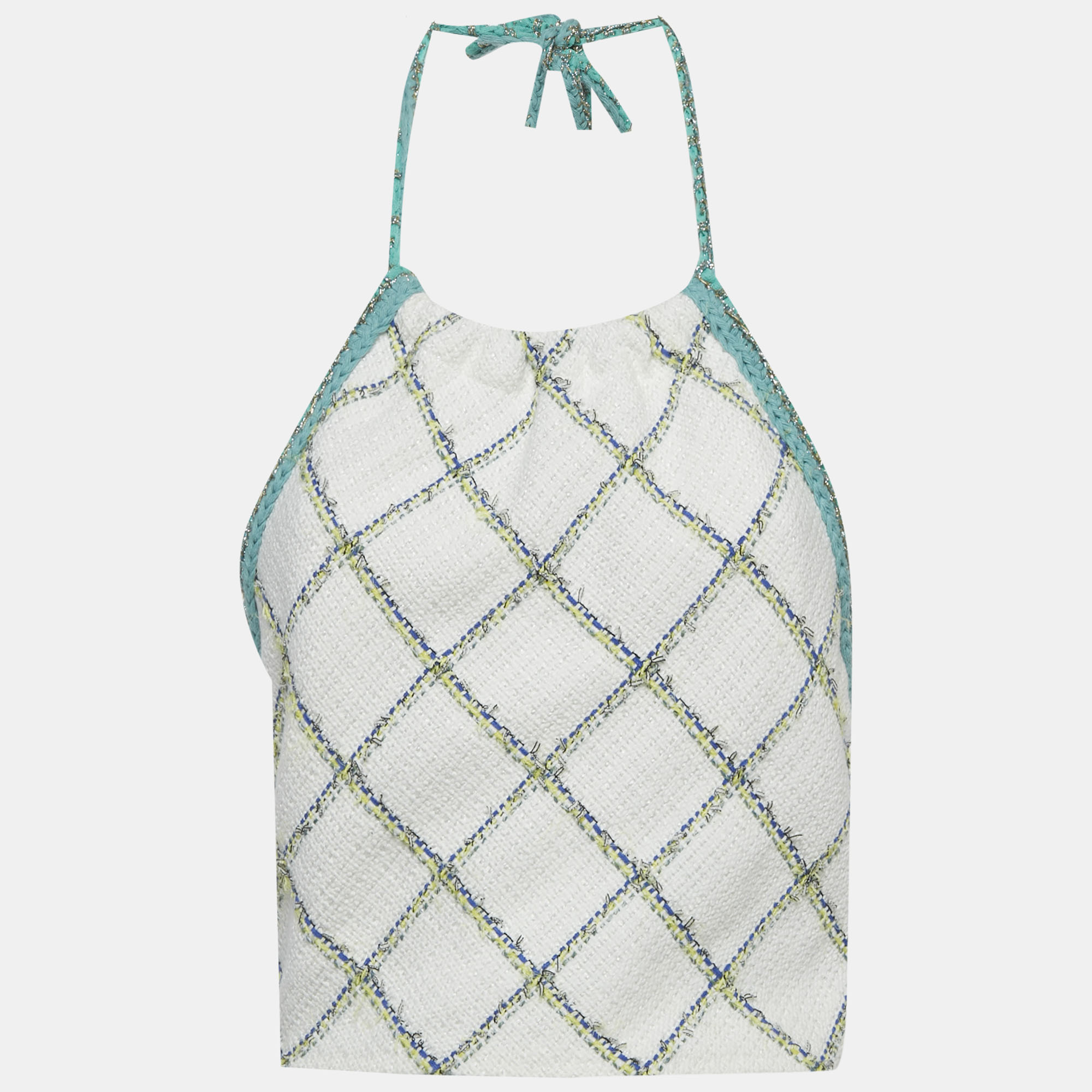 

Chanel White/Blue Checks Tweed Halter Neck Crop Top M