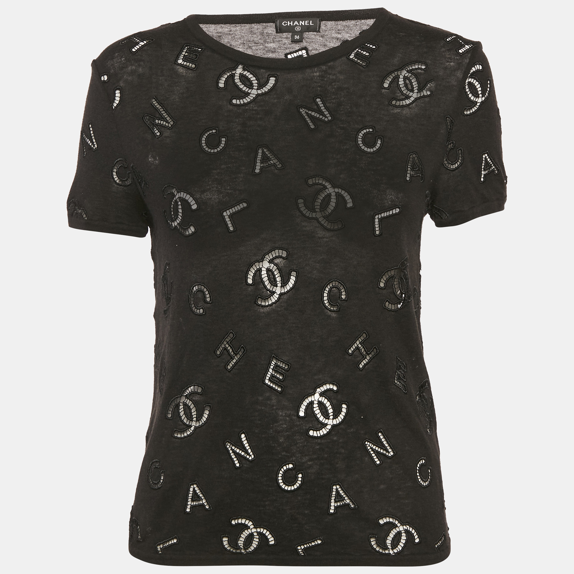 

Chanel Black CC Logo Embroidered Eyelet Cotton Blend Short Sleeve T-Shirt S
