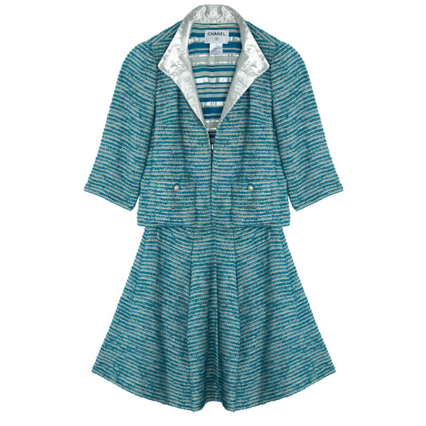 Pre Owned Chanel Blue Tweed Skirt Suit L