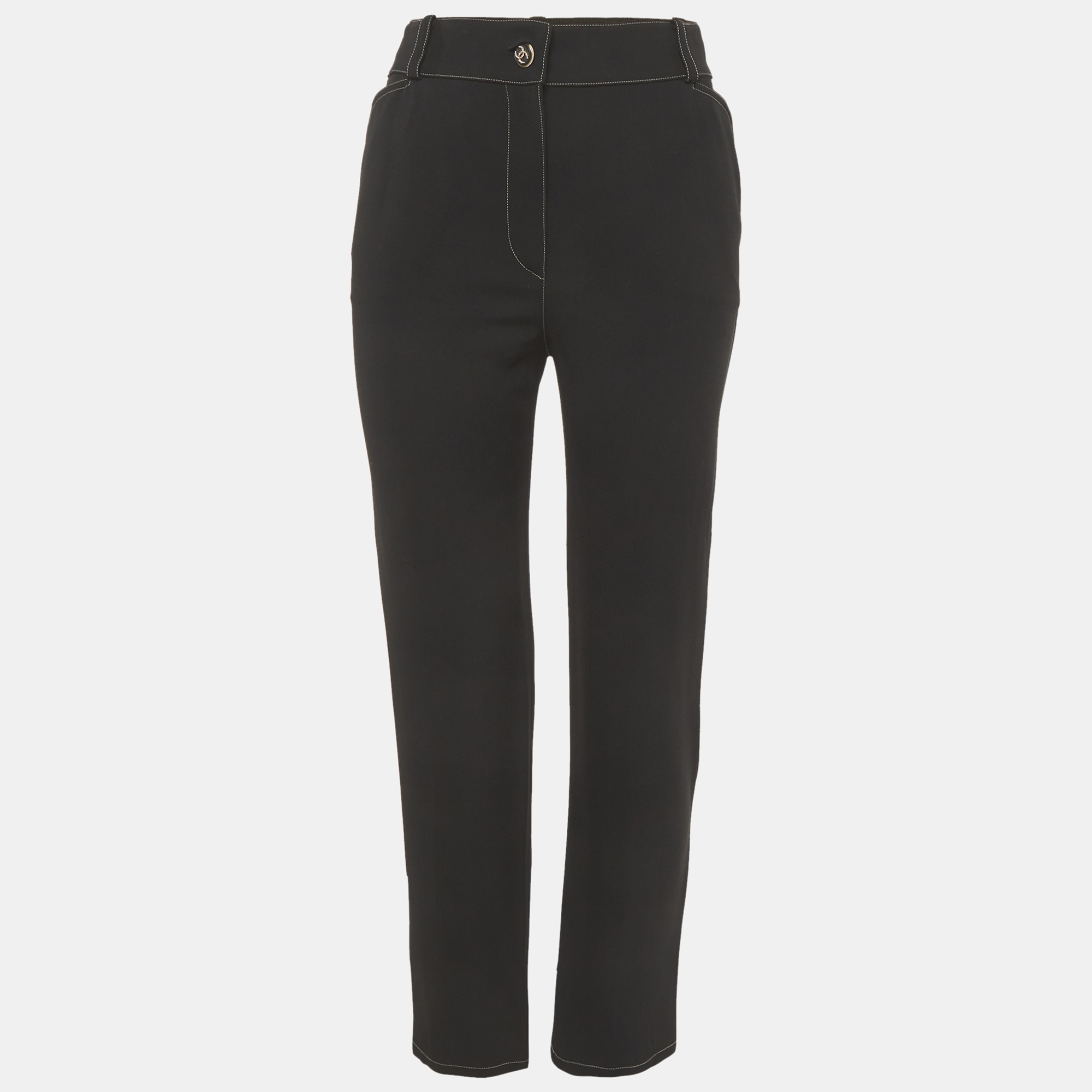 

Chanel Black Crepe Contrast Stich Detail Trousers M