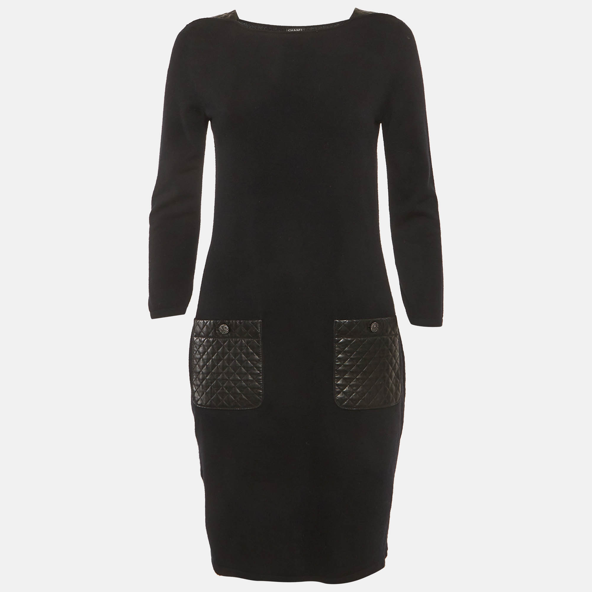 

Chanel Black Leather Trim Cashmere Mini Dress M