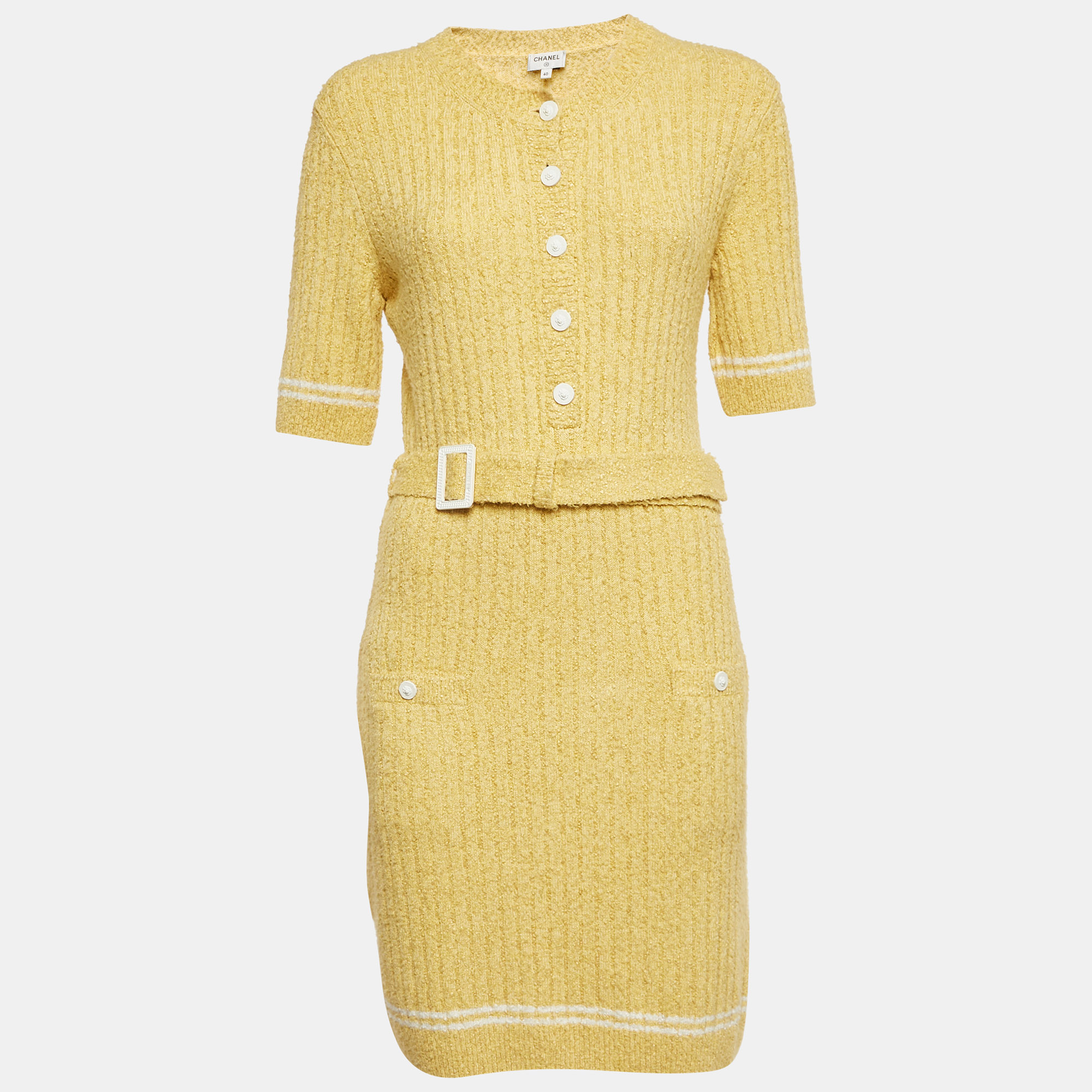 

Chanel Yellow Cotton Knit Belted Midi Dress M