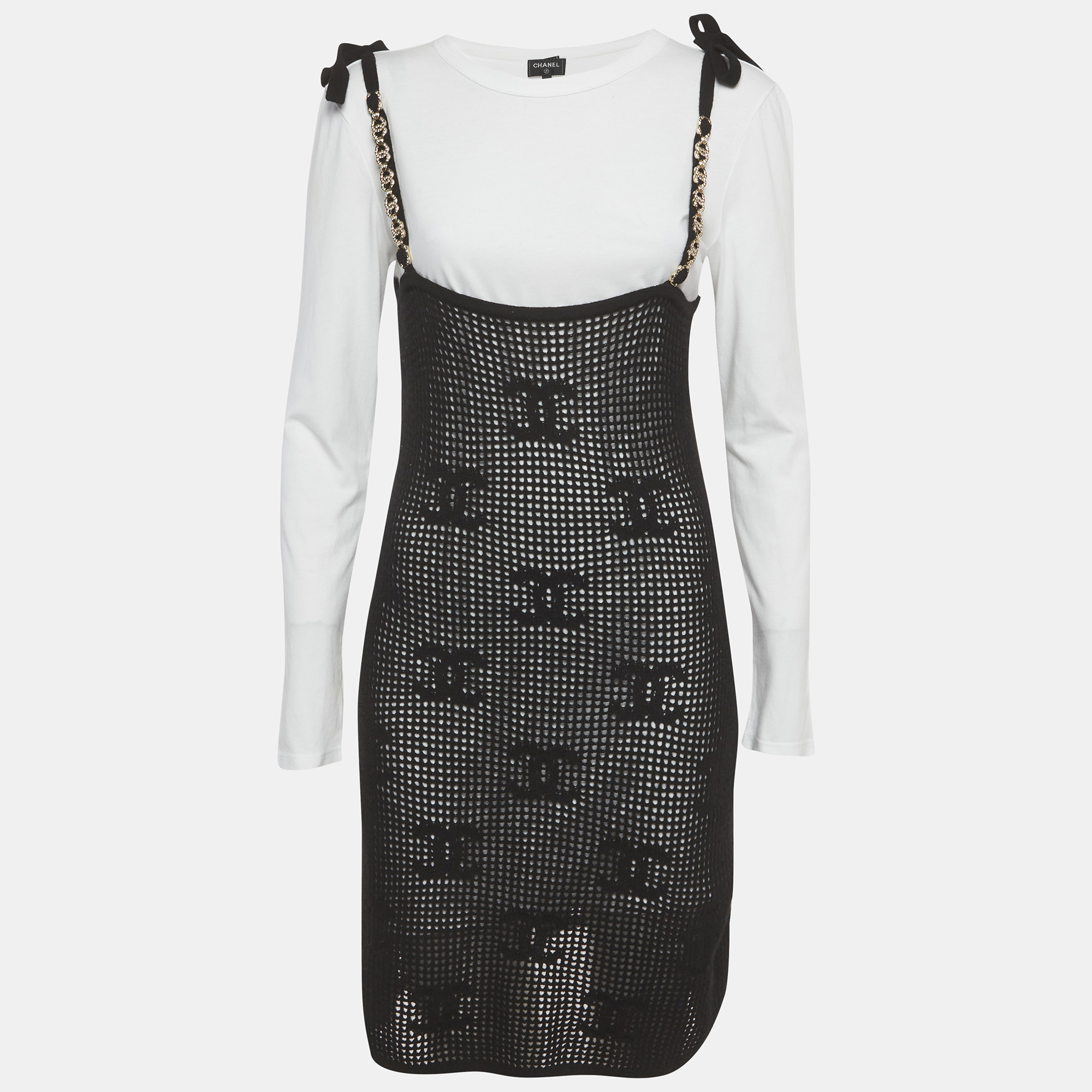 

Chanel Black Cashmere Crochet Knit & Contrast Cotton Knit Mini Dress M