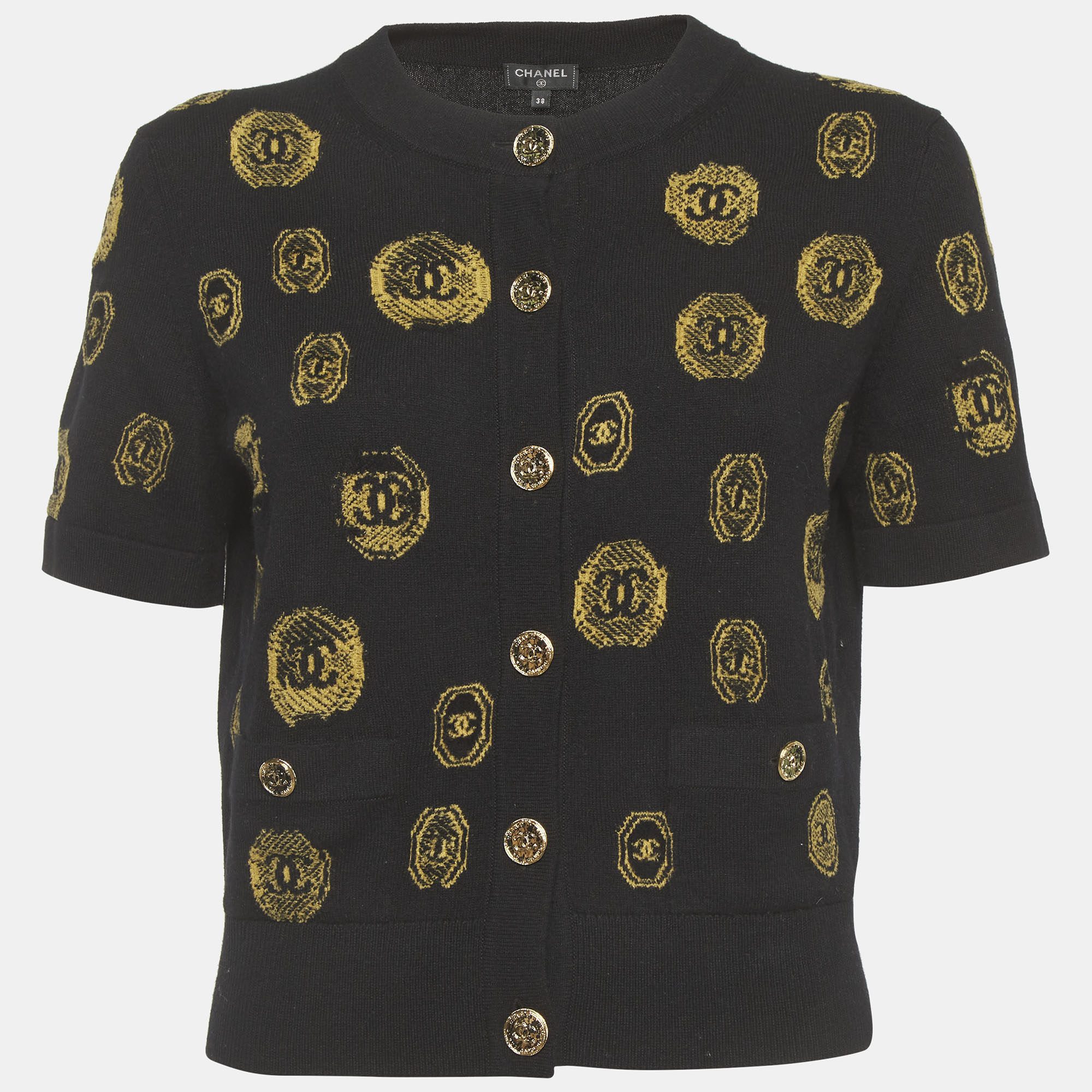 

Chanel Black Coin Intarsia Cashmere Button Front Cardigan M