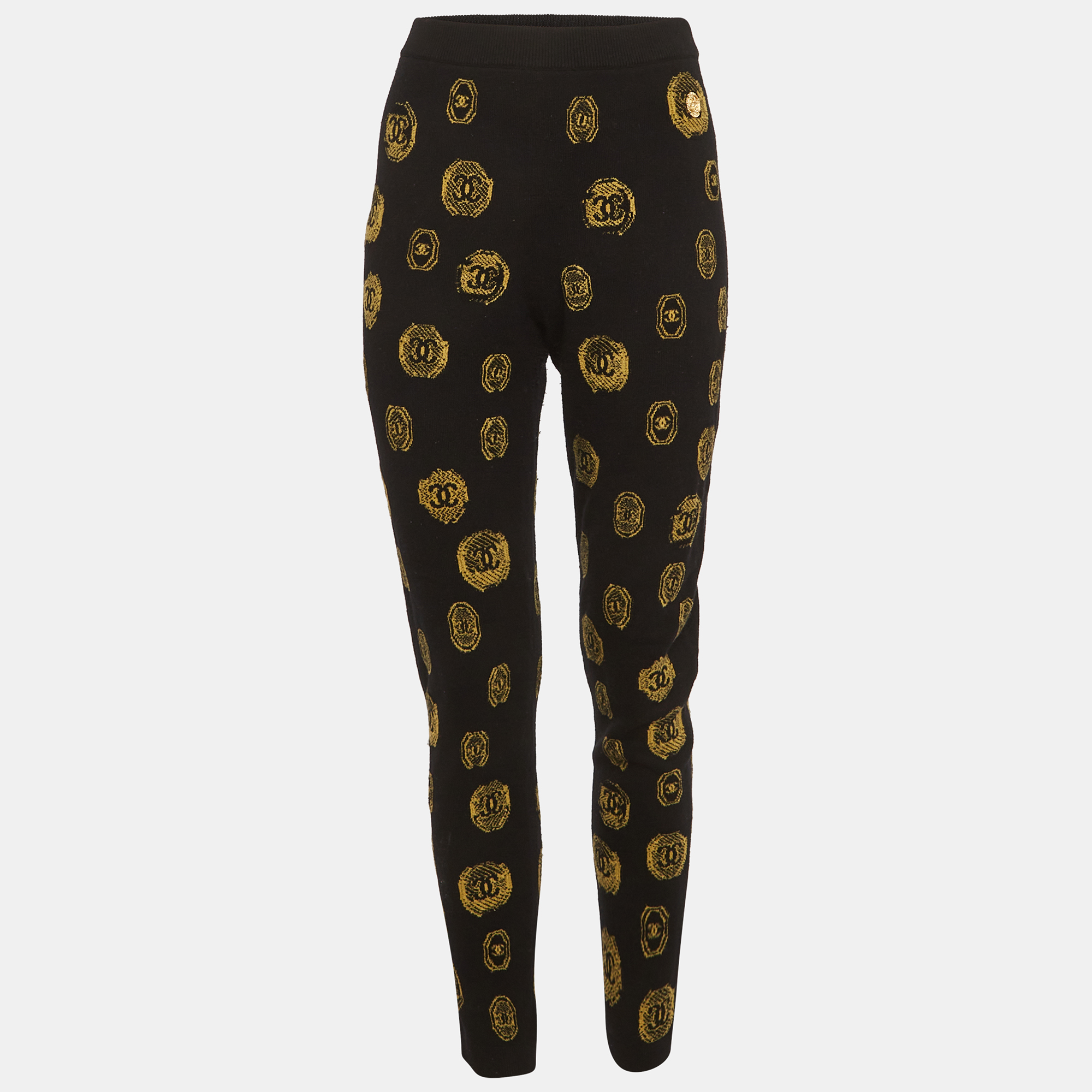 

Chanel Black Coin Intarsia Knit Cashmere Pants M