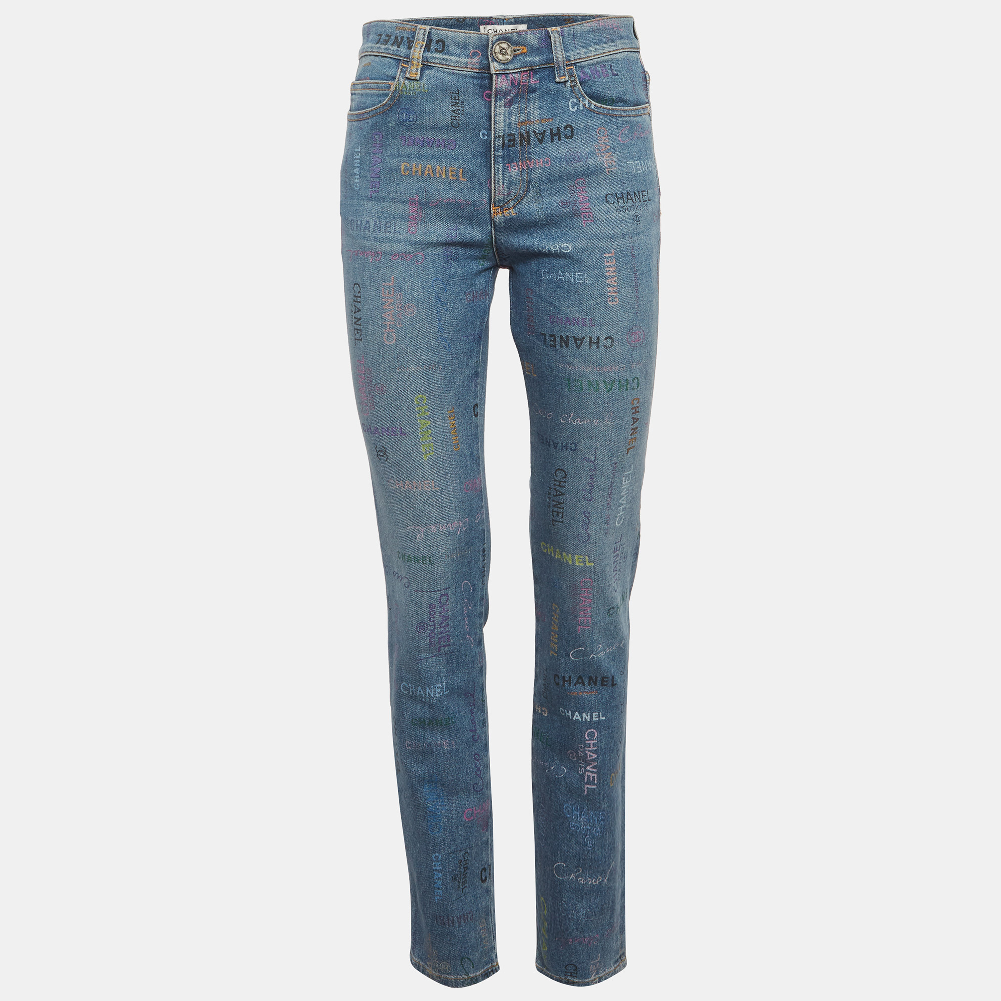 

Chanel Blue/Multicolour CHANEL Printed Denim 22P Straight Fit Jeans M/Waist 28"
