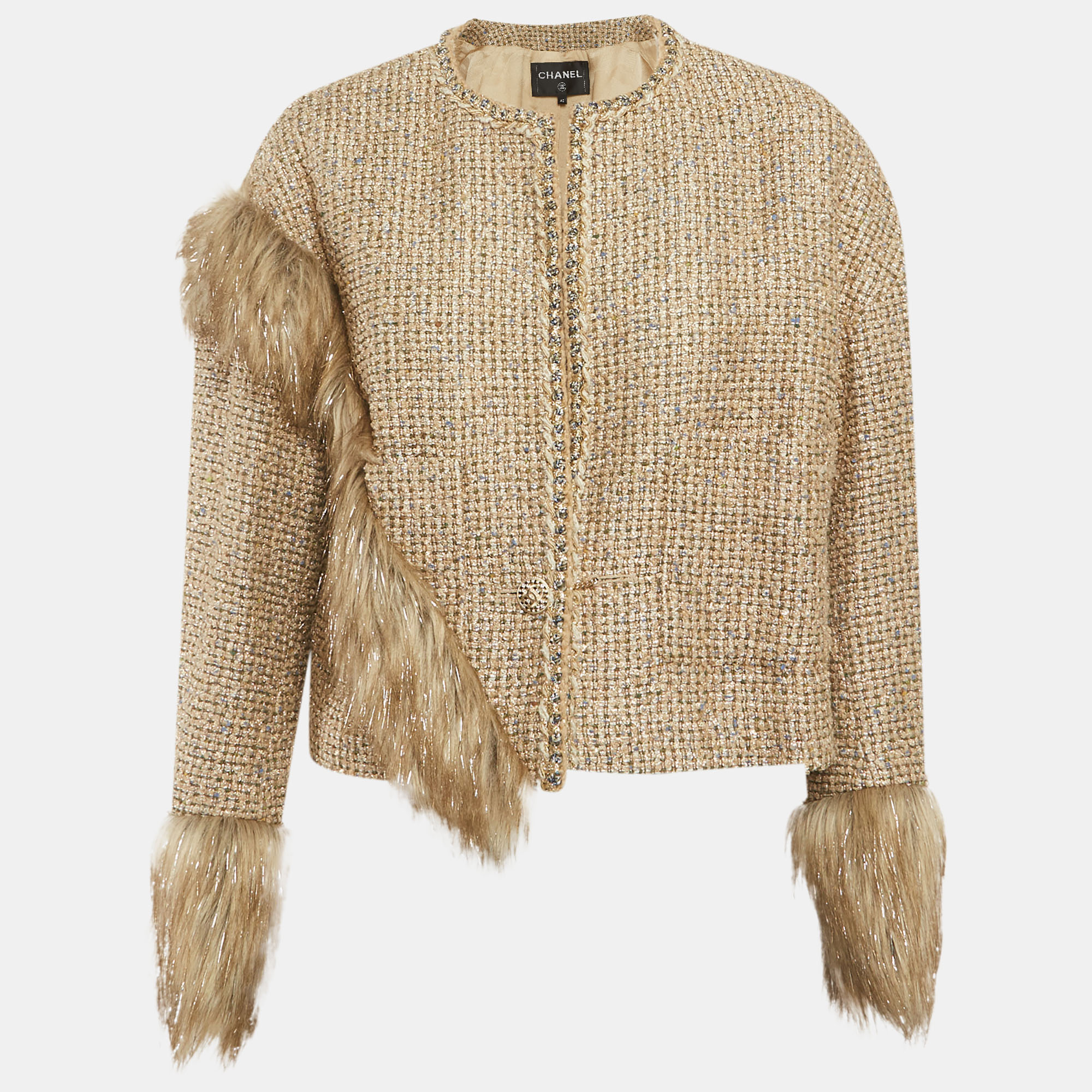 

Chanel Beige/Gold Tweed Faux Fur Trim Jacket M