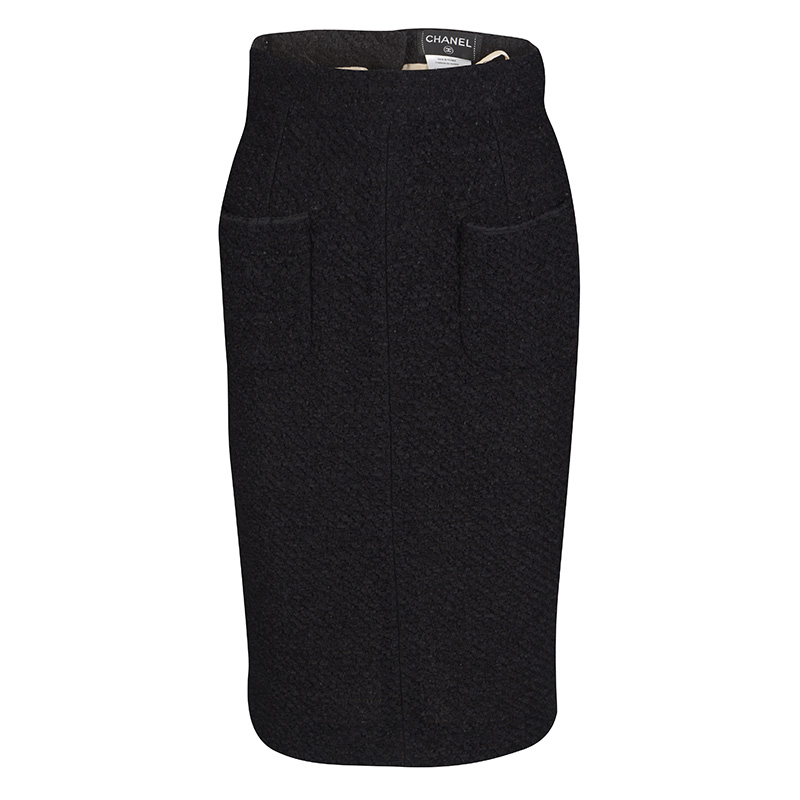 Pre Owned Chanel Black Textured Patch Pocket Detail Pencil Skirt  S