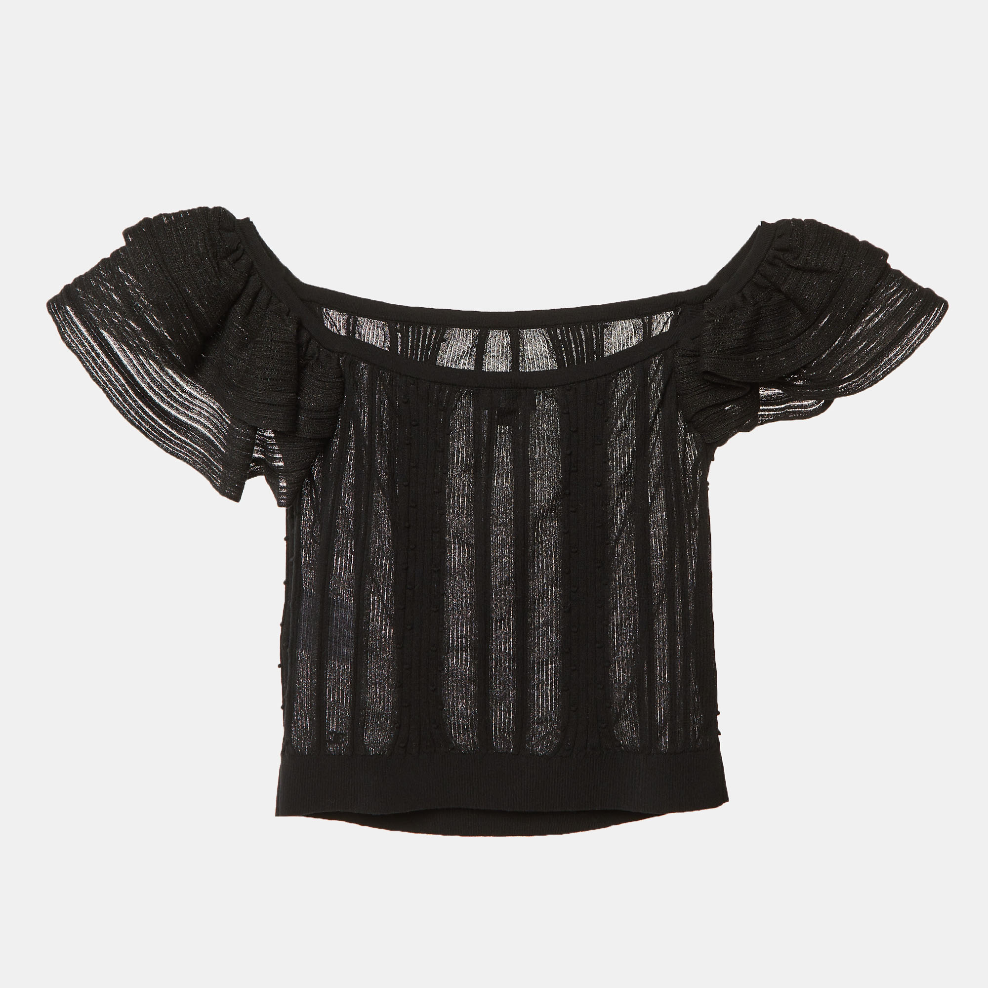 

Chanel Black Cotton Knit Ruffle Off Shoulder Top S
