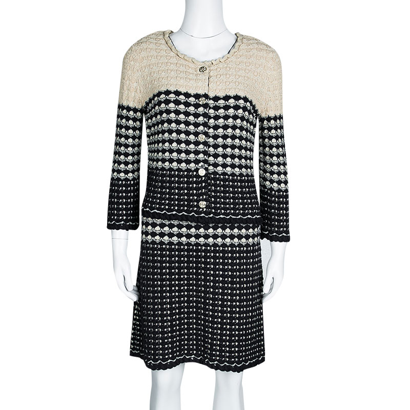 

Chanel Navy Blue and Beige Knit Dress and Cardigan Set