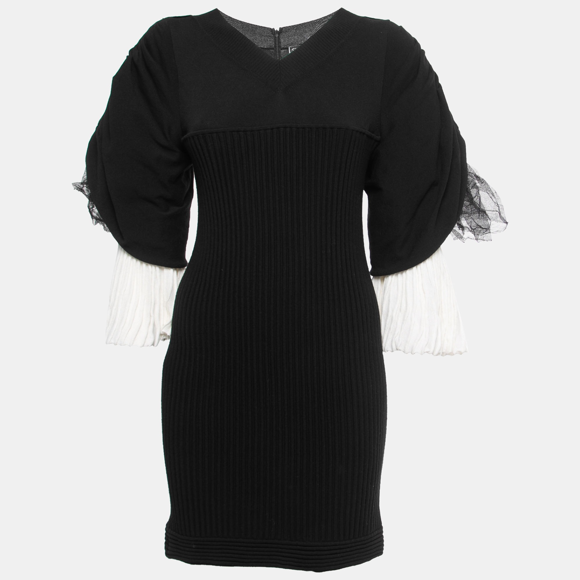 

Chanel Black/Light Pink Rib Knit and Tulle Inset Detail Mini Dress L
