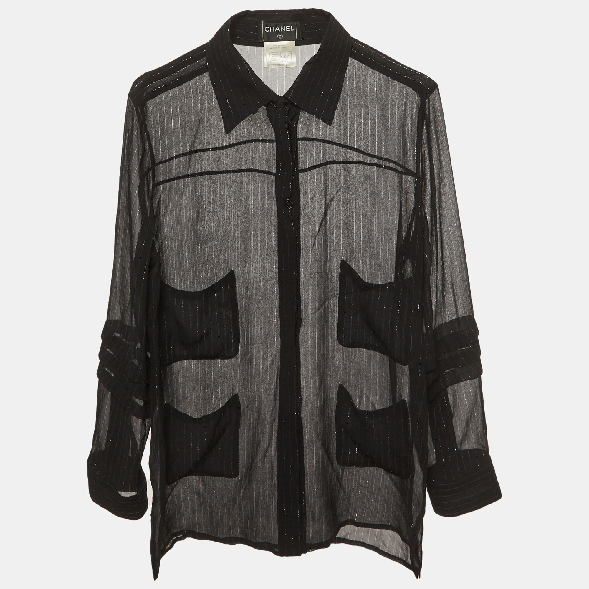 

Chanel Black Silk Metallic Stripes Silk Blend Sheer Shirt M