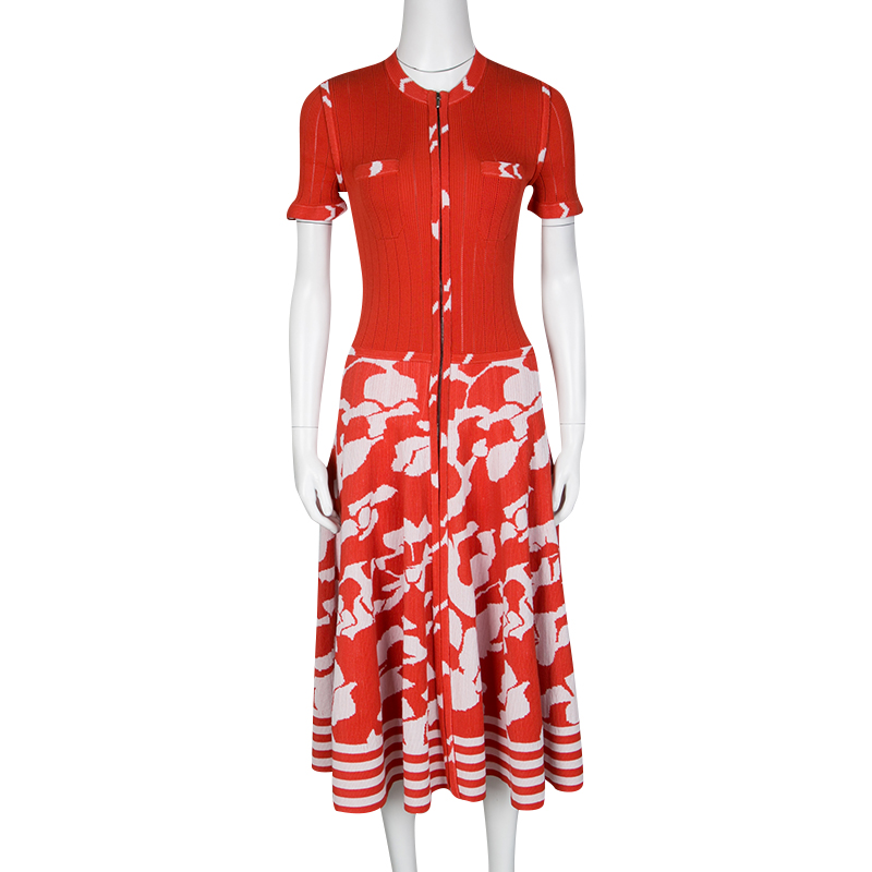 Chanel Orange and White Floral Knit Zip Front Dress