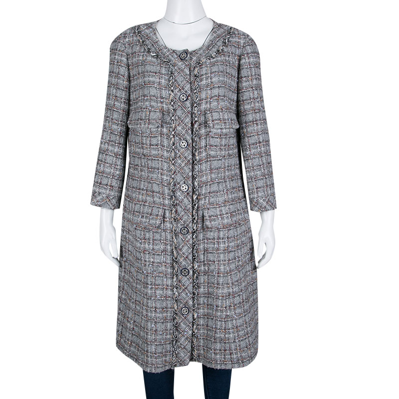 

Chanel Grey Checkered Tweed Chain Embellished Buttoned Dress Coat