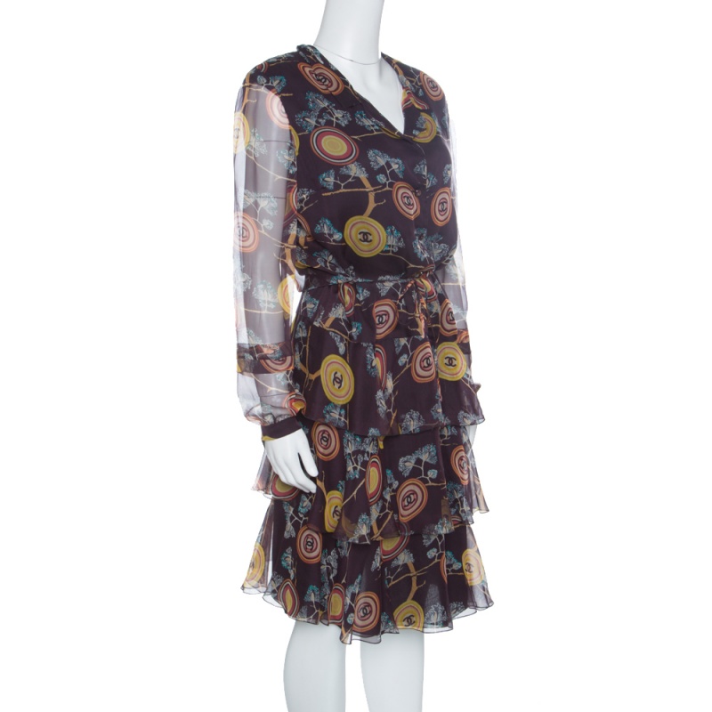 

Chanel Brown Printed Silk Ruffled Tie Detail Long Sleeve Dress