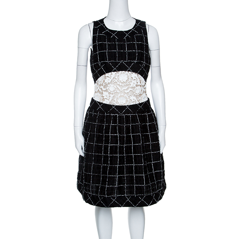 Chanel Monochrome Textured Checked Pattern Lace Insert Sleeveless Dress M