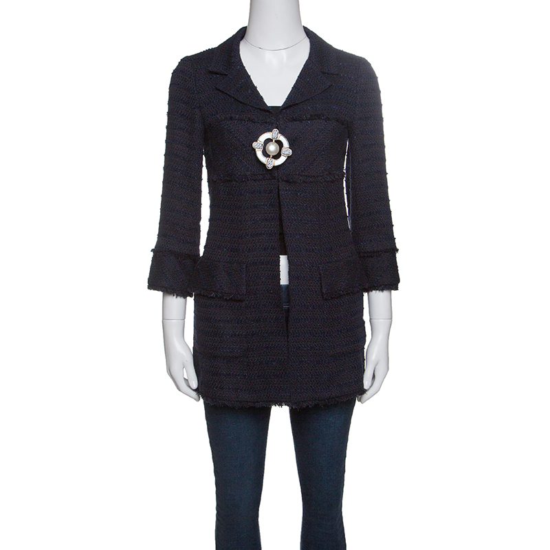 Chanel Vintage Navy Blue Textured Brooch Closure Fringed Edge Coat S