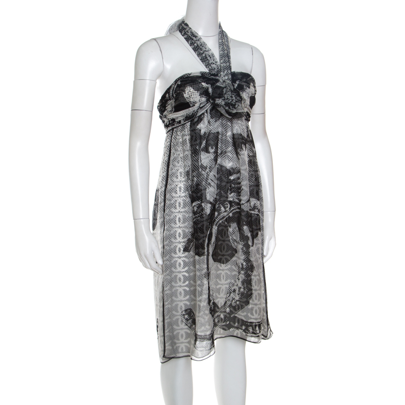 

Chanel Monochrome CC Printed Dotted Silk Halter Dress, White