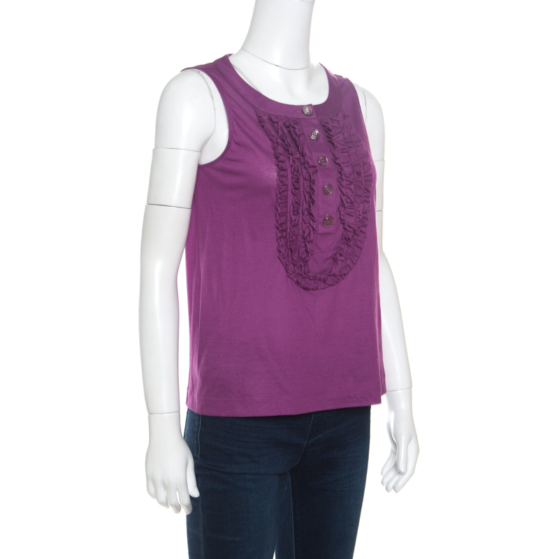 

Chanel Purple Cotton Jersey Ruffled Yoke Detail Sleeveless Top