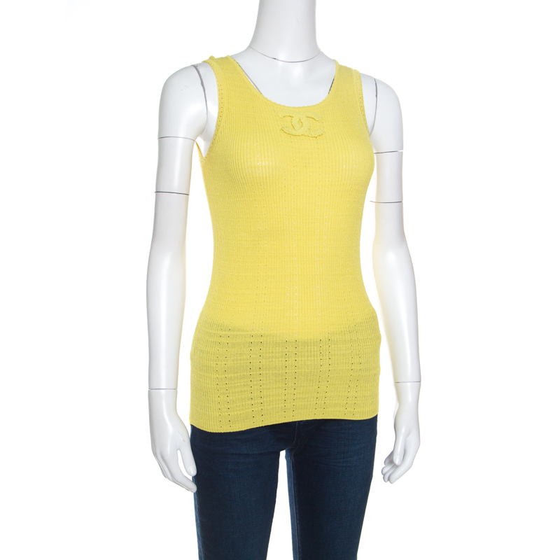 

Chanel Yellow Perforated Rib Knit Logo Applique Detail Sleeveless Tank Top