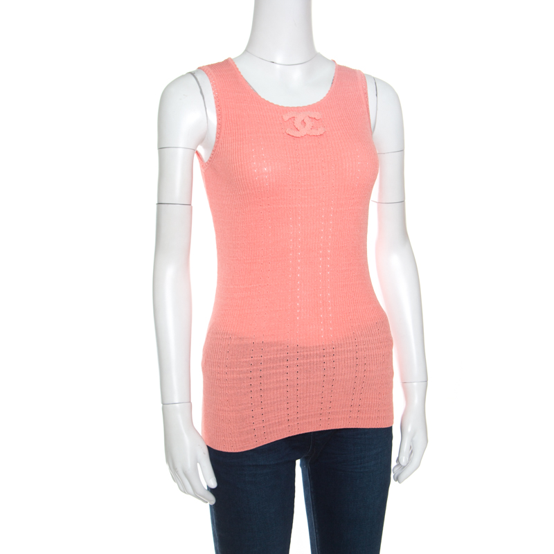 

Chanel Peach Perforated Rib Knit Logo Applique Detail Sleeveless Tank Top, Pink