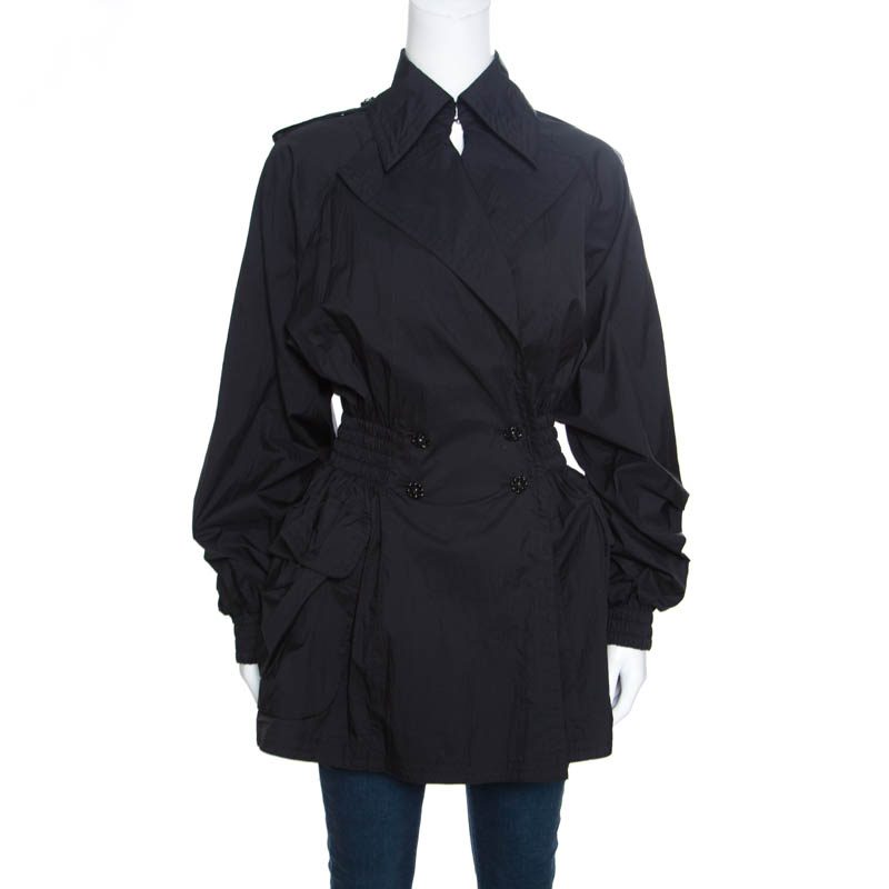 Pre Owned Chanel Black Nylon Smocked Waist Double Breasted Trench Coat M
