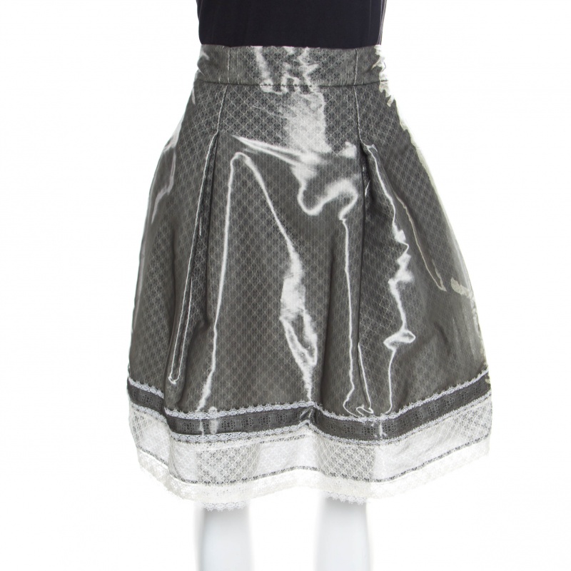 Chanel Grey and White Lace Trim Pleated Organza Skirt XL
