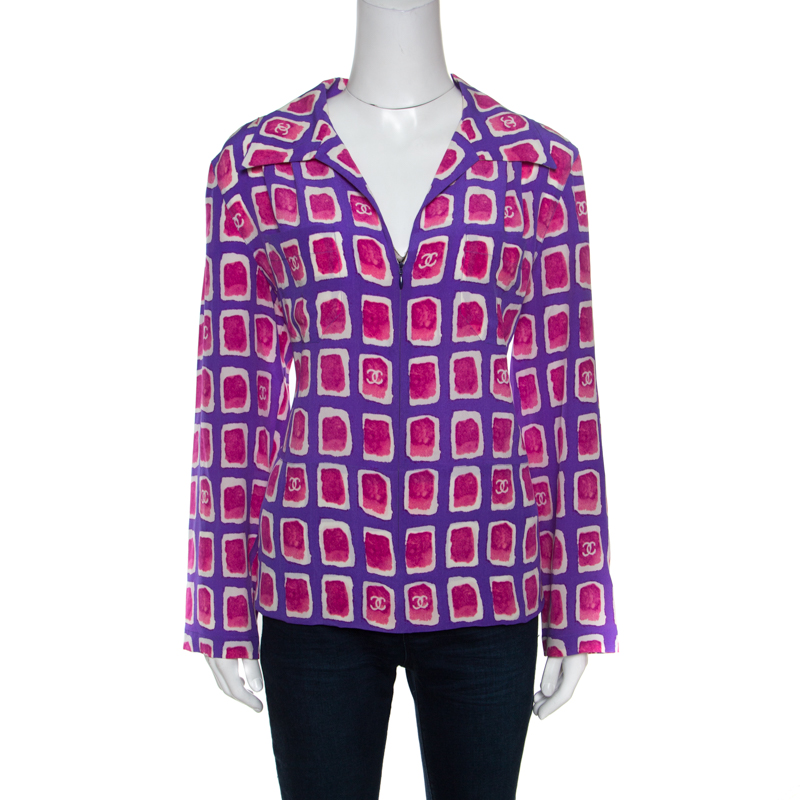 Chanel Purple and Pink Watercolor Motif Printed Silk Zip Front Blouse M