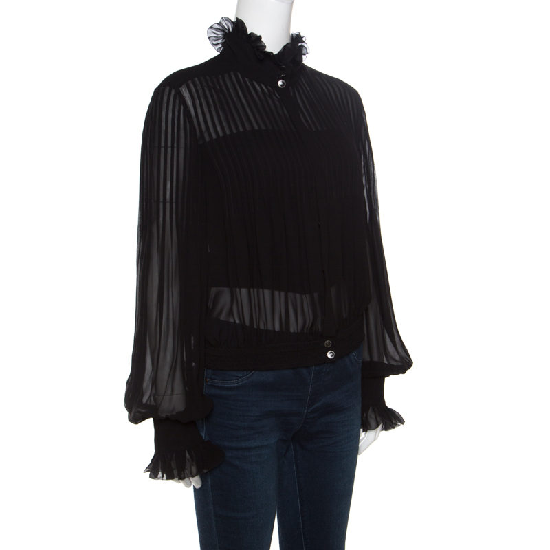 

Chanel Black Sheer Silk Pintucked Ruffle Detail Blouson Top