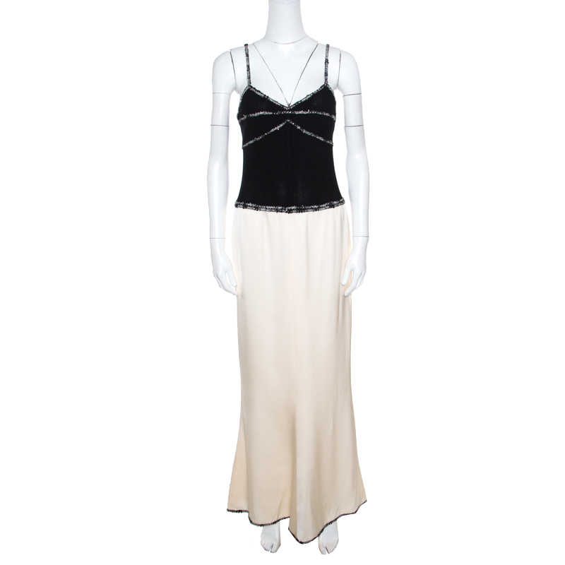 Chanel Monochrome Colorblock Tweed Trim Sleeveless Maxi Dress M