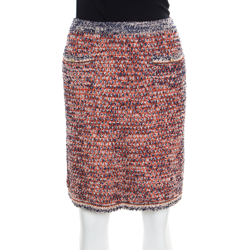 Chanel Navy Blue and Orange Textured Pencil Skirt L
