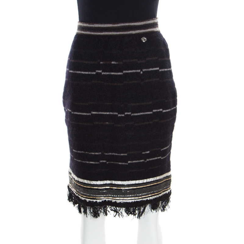 Chanel Black Wool and Mohair Embellished Fringe Bottom Pencil Skirt M