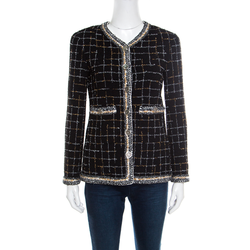 Chanel Black Checkered Metallic Tweed Boucle Jacket S