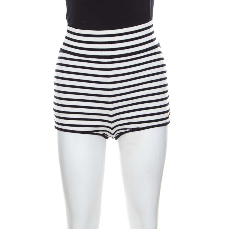 Pre Owned Chanel Monochrome Striped Cotton High Waist Hot Pants M