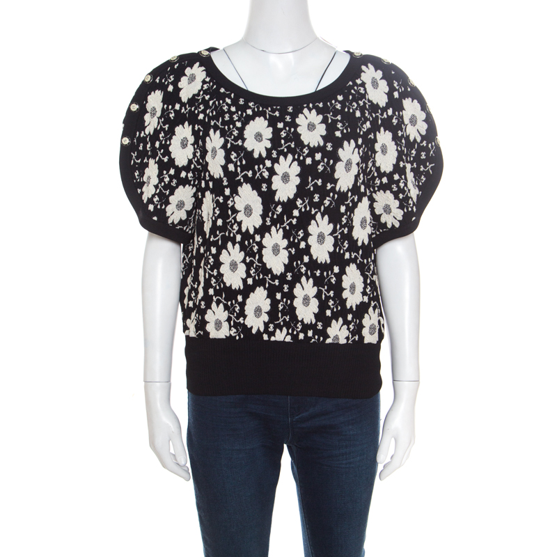 Pre Owned توب شانل تريكو جاكار مونوكرومي حواف مضلعة أكمام قصيرة M