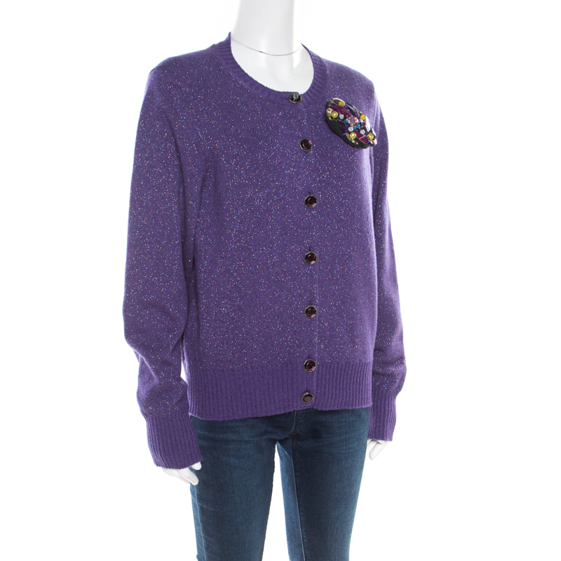 

Chanel Purple Lurex Knit Cashmere Embellished Button Cardigan
