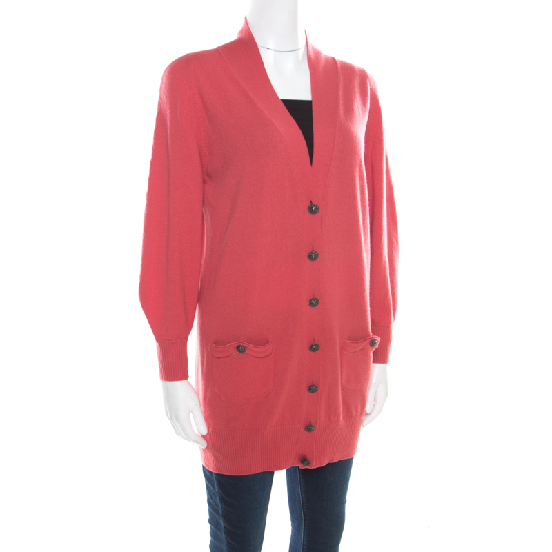 

Chanel Hot Coral Cashmere Button Front Cardigan, Red