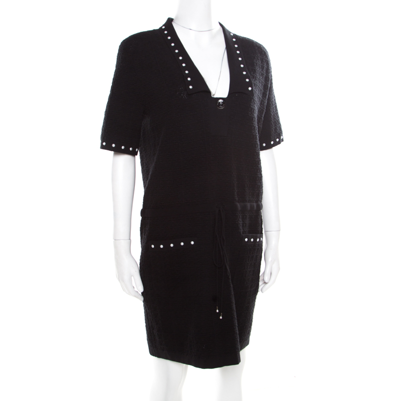 

Chanel Black Textured Knit Faux Pearl Studded Short Sleeve Dress